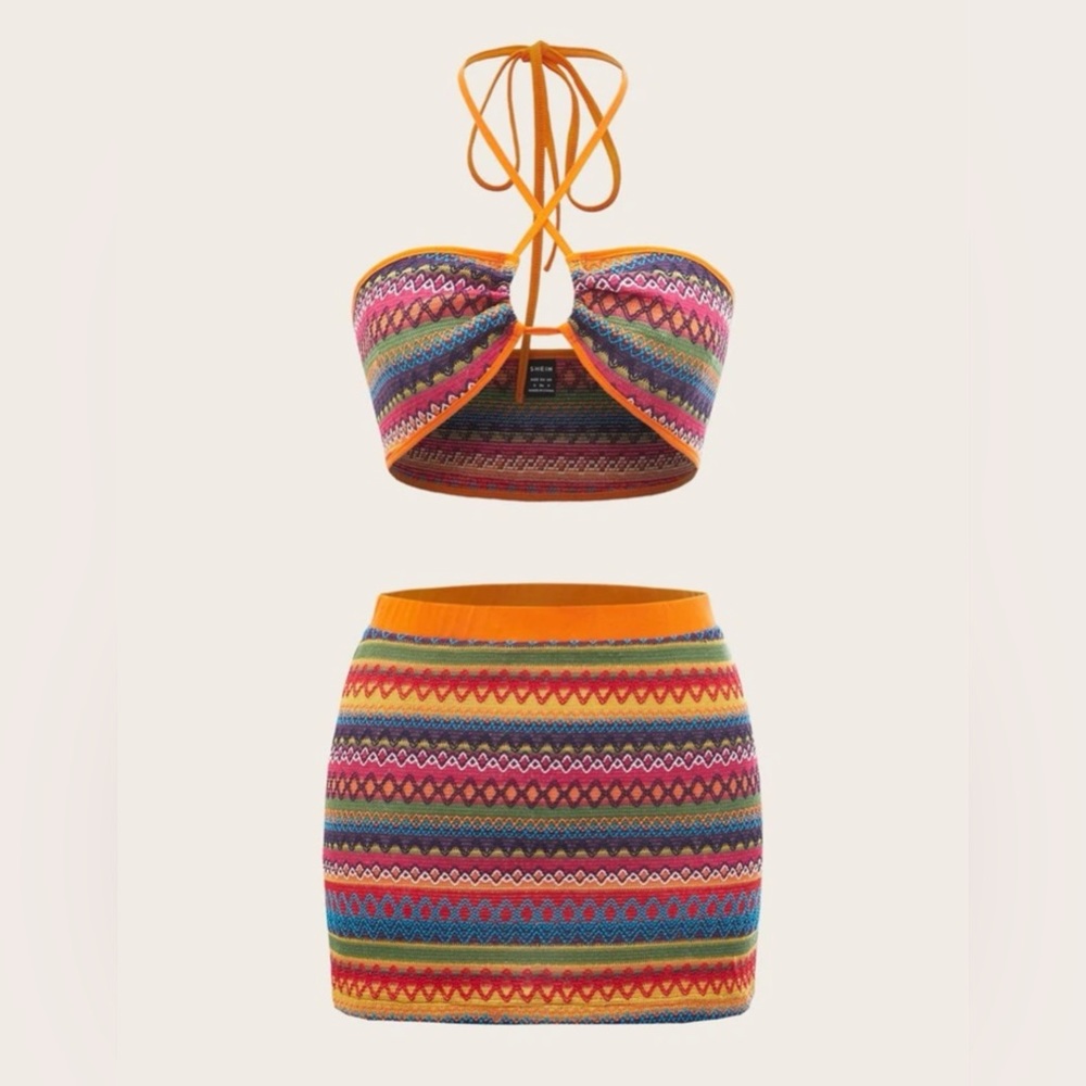 SHEIN Vibrant Geo Print Halter Crop Top & Skirt Set Vacation